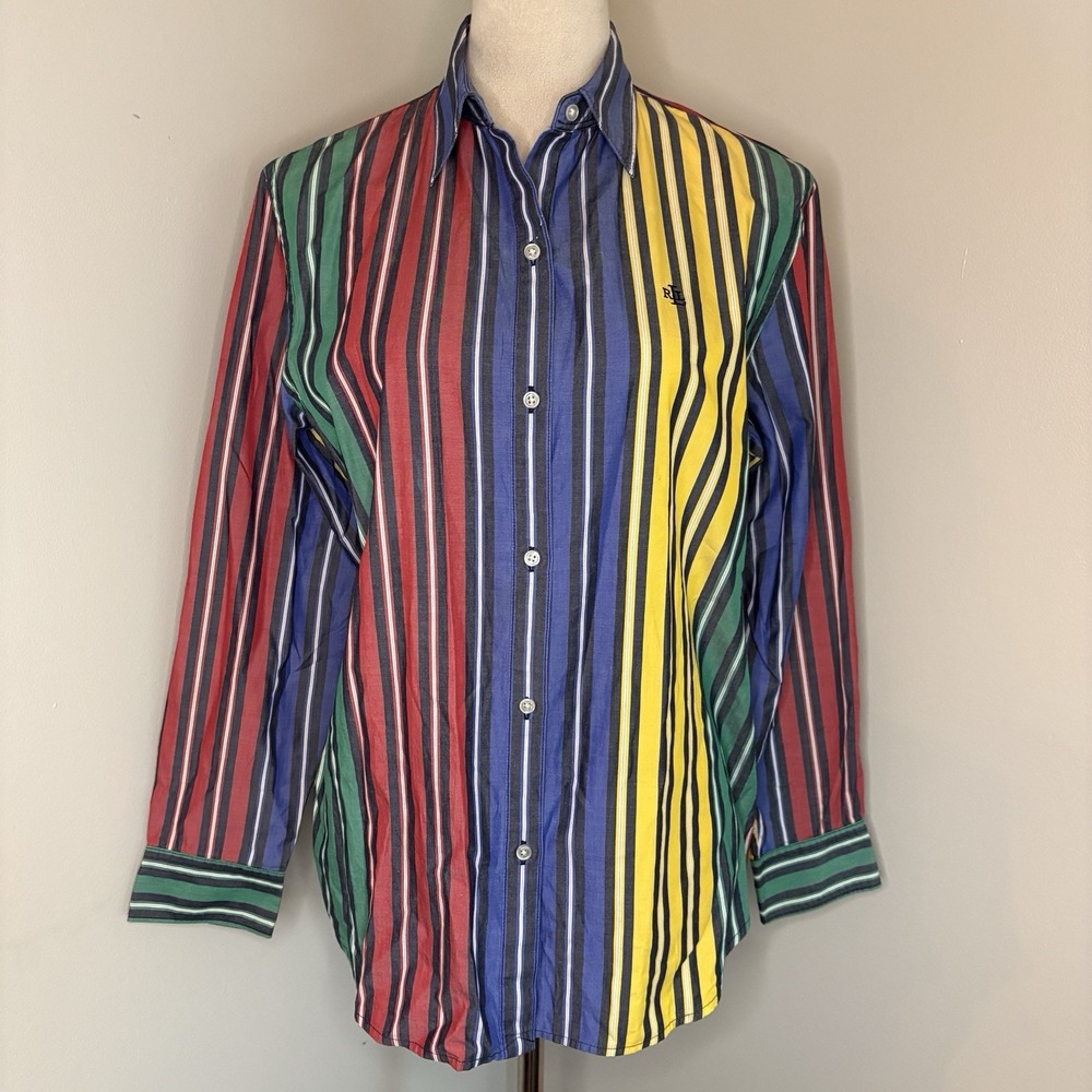 VTG 90s Lauren Ralph Lauren Multicolor Striped Button Up Shirt Medium Cotton - Picture 2 of 8